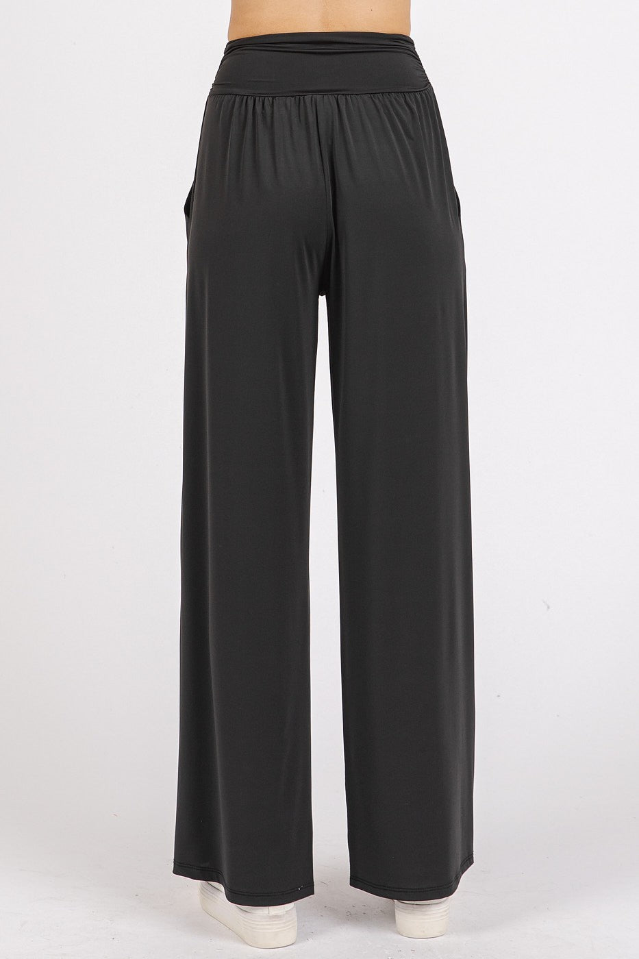 Mittoshop Stretch Banded Waist Wide Leg Pants with Pockets Mittoshop Stretch Banded Waist Wide Leg Pants with Pockets