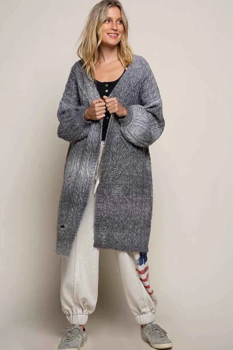 POL Distressed Cable-Knit Ombre Dying Cardigan POL Distressed Cable-Knit Ombre Dying Cardigan