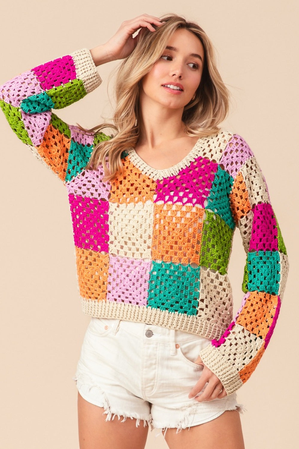 BiBi Multi Color Checkered Long Sleeve Knit Top BiBi Multi Color Checkered Long Sleeve Knit Top - TopFashionHQ