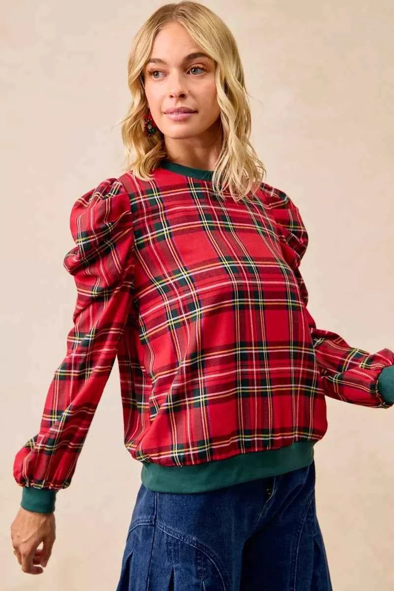 BiBi Christmas Plaid Exaggerated Shoulder Sleeves Top BiBi Christmas Plaid Exaggerated Shoulder Sleeves Top