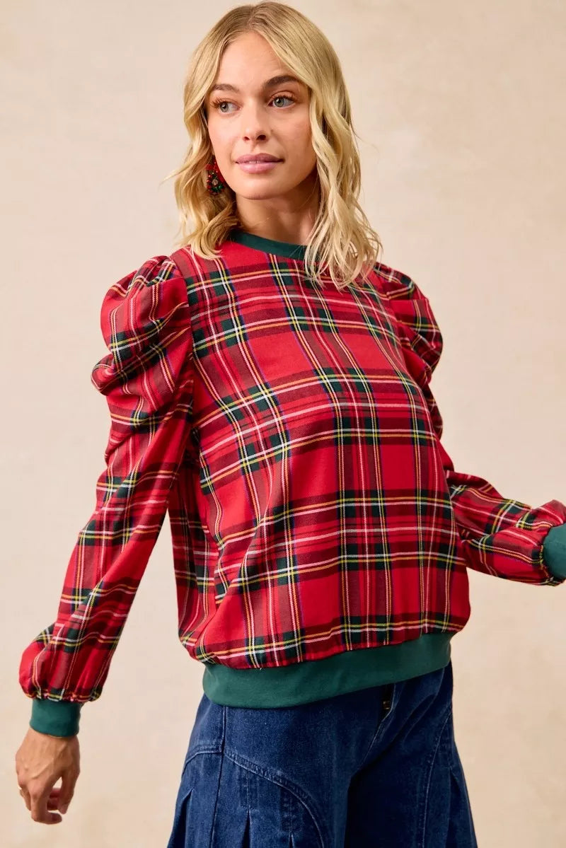 BiBi Christmas Plaid Exaggerated Shoulder Sleeves Top 16493e52e21549c59aa2f0cba623f715-Max-Origin
