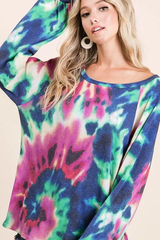 BiBi Tie Dye Print Terry Top with Puff Sleeves 164b858400d94a4b810394763f218cbe-Max-Origin