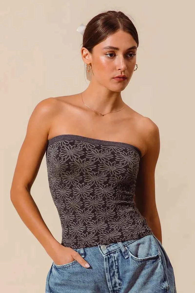 SO ME Jacquard Floral Two Tone Seamless Tube Top SO ME Jacquard Floral Two Tone Seamless Tube Top