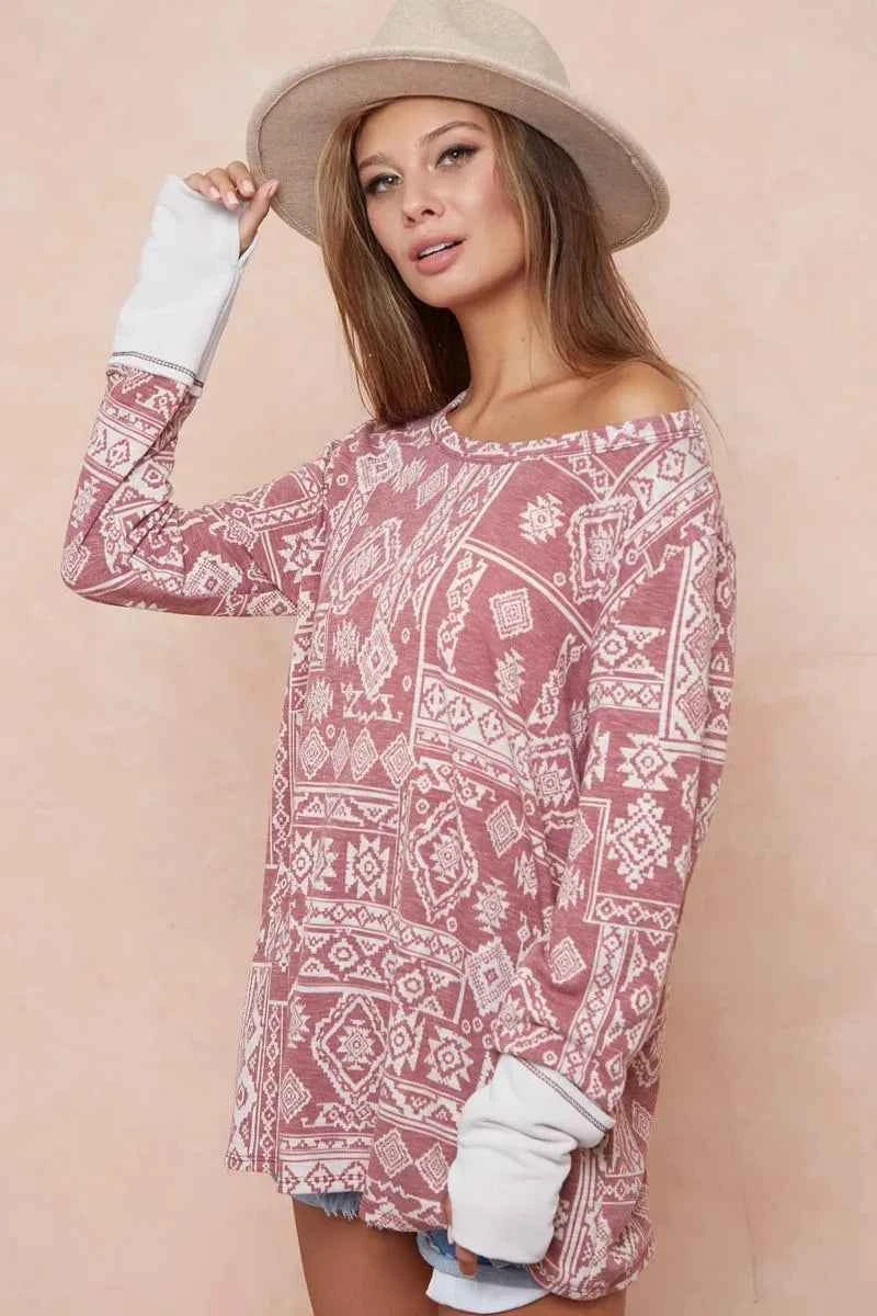 BiBi Aztec Print French Terry Top with Thumb Opening BiBi Aztec Print French Terry Top with Thumb Opening