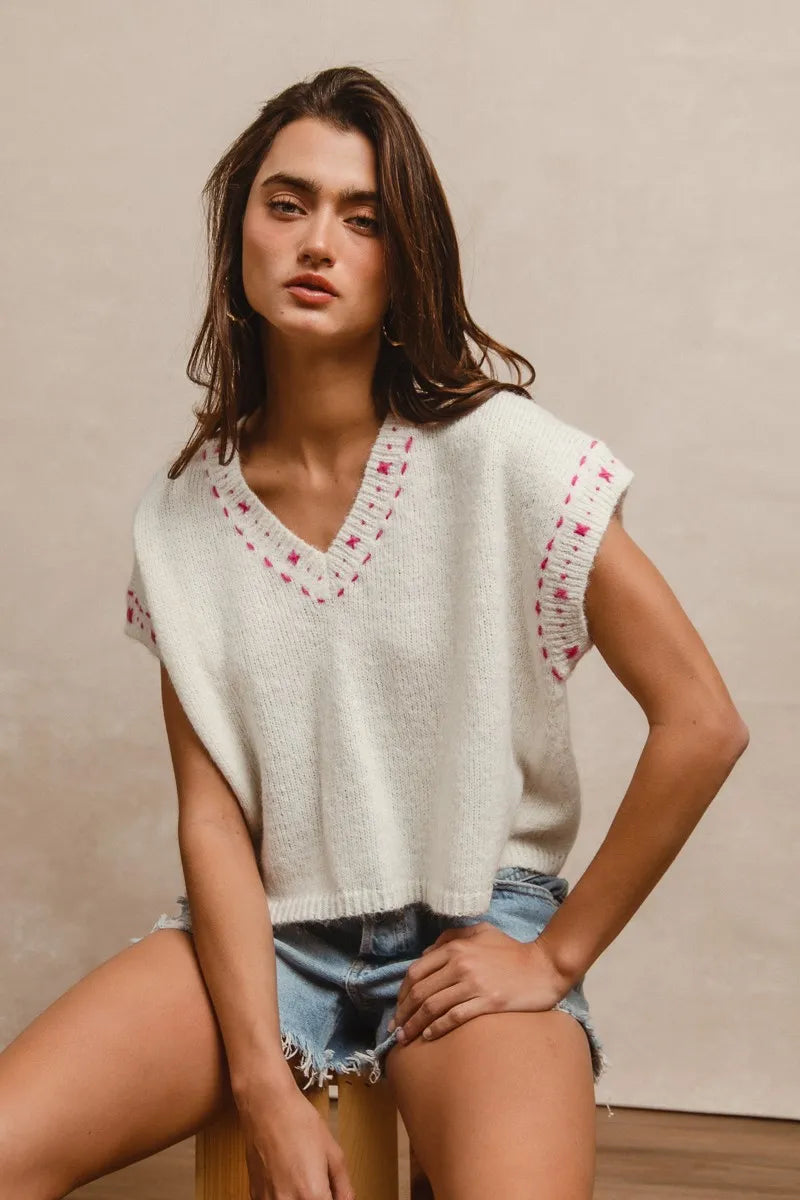 BiBi Knit Solid Contrast Stitch Detail Short Sleeves Sweater 1708221ed9be4142aeabe8ff7fcee19d-Max-Origin