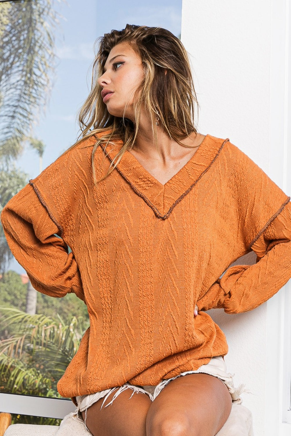 BiBi Textured Exposed Seam Drop Shoulder Knit Top BiBi Textured Exposed Seam Drop Shoulder Knit Top - TopFashionHQ
