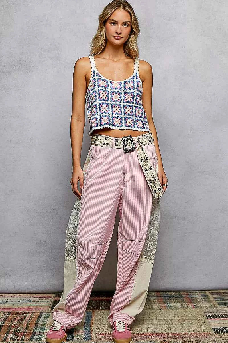 POL Scalloped Edge Cropped Crochet Cami with Granny Square Pattern POL Scalloped Edge Cropped Crochet Cami with Granny Square Pattern