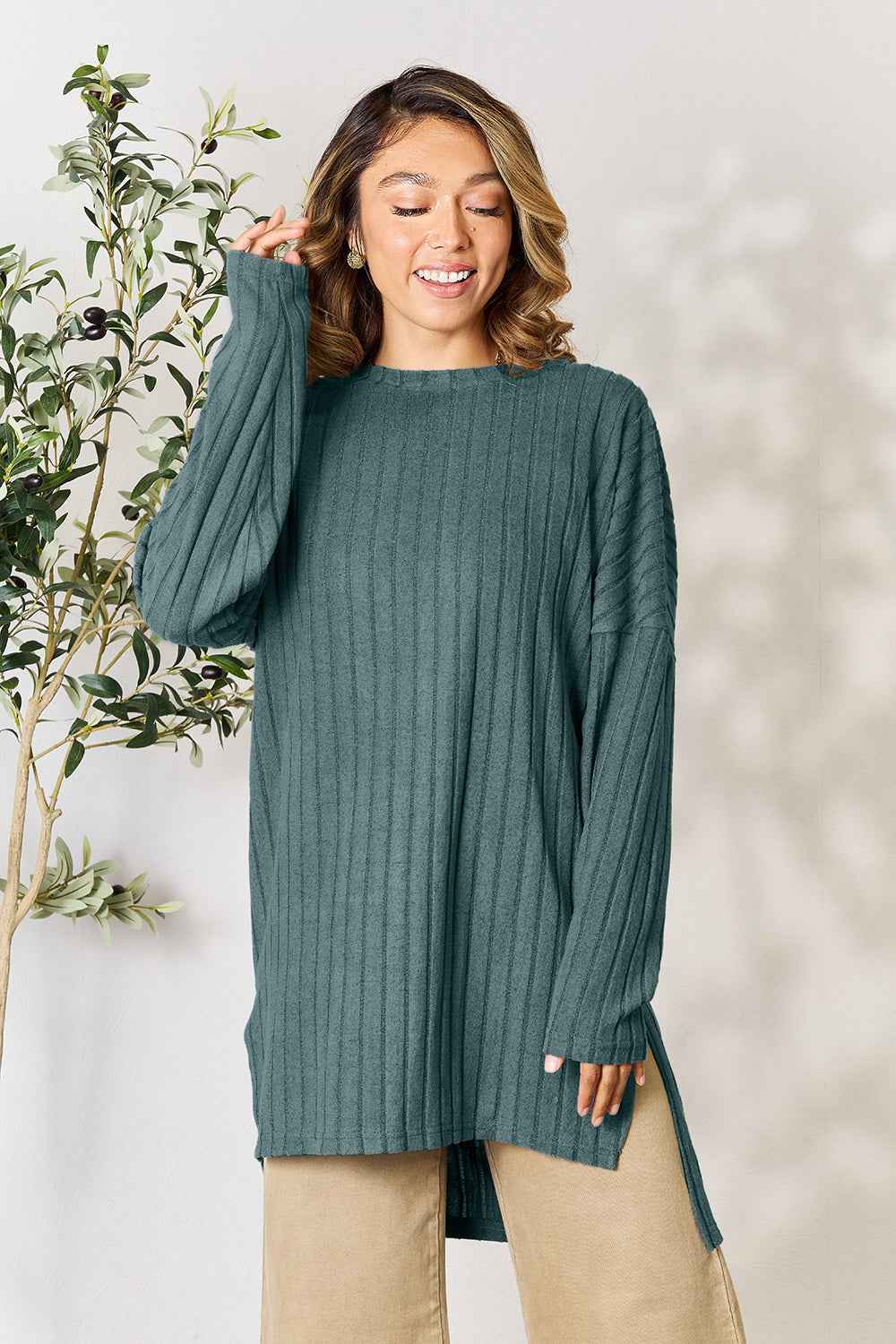 Basic Bae Full Size Ribbed Round Neck Long Sleeve Slit Top Basic Bae Full Size Ribbed Round Neck Long Sleeve Slit Top