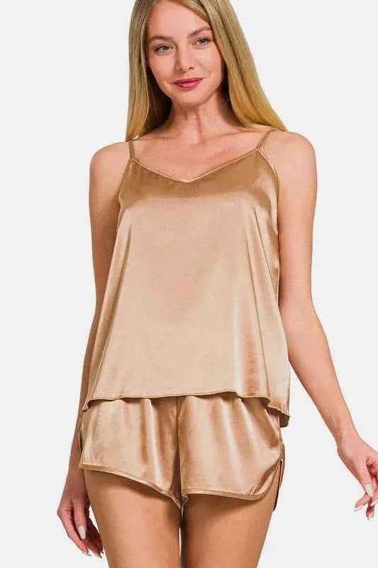 Zenana V-Neck Satin Cami and Elastic Waist Shorts Lounge Set Zenana V-Neck Satin Cami and Elastic Waist Shorts Lounge Set