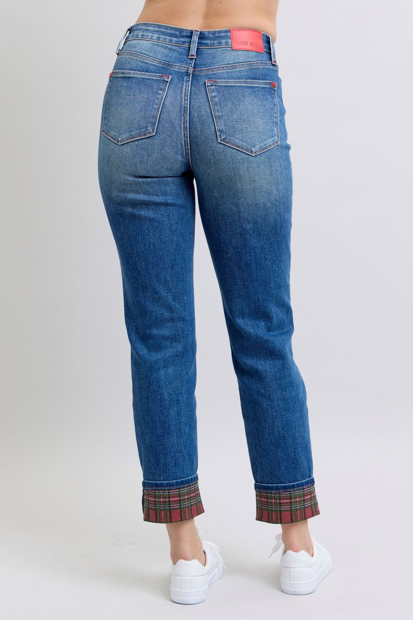 Judy Blue Full Size Plaid Print Cuff Straight Leg Jeans with Pockets Judy Blue Full Size Plaid Print Cuff Straight Leg Jeans with Pockets - TopFashionHQ