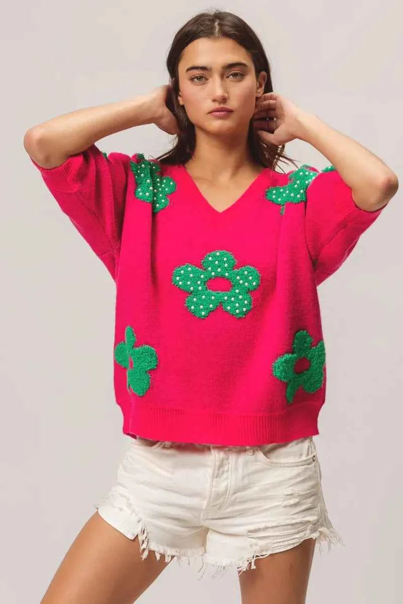 BiBi Pearl Beads Flowers Sweater Top BiBi Pearl Beads Flowers Sweater Top