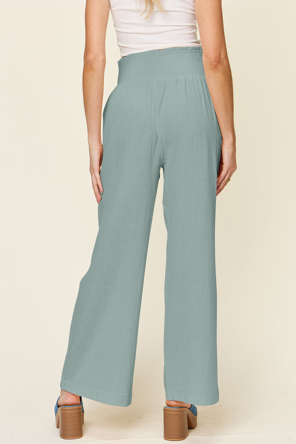 Double Take Full Size Texture Smocked Waist Wide Leg Pants Double Take Full Size Texture Smocked Waist Wide Leg Pants