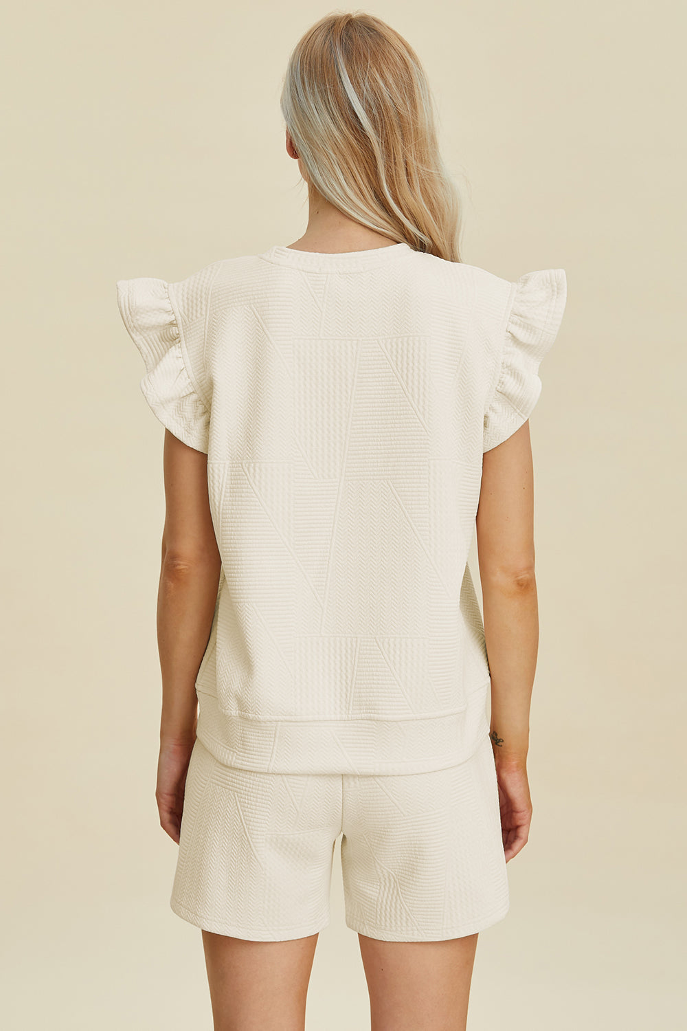 Double Take Full Size Texture Round Neck Ruffle Sleeve Top and Shorts Set Double Take Full Size Texture Round Neck Ruffle Sleeve Top and Shorts Set