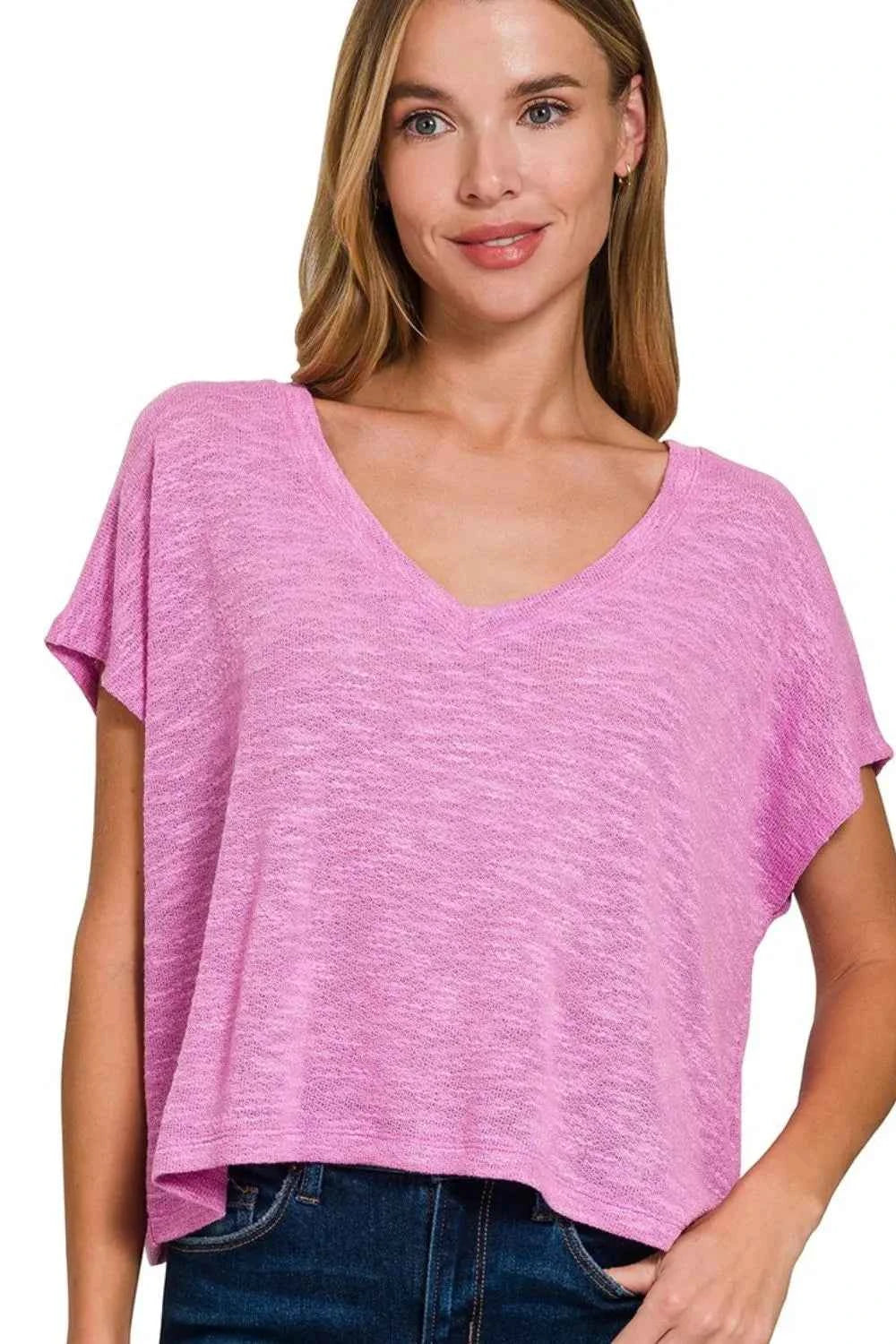 Zenana Hacci Slub V-neck Drop Shoulder Crop Top Zenana Hacci Slub V-neck Drop Shoulder Crop Top