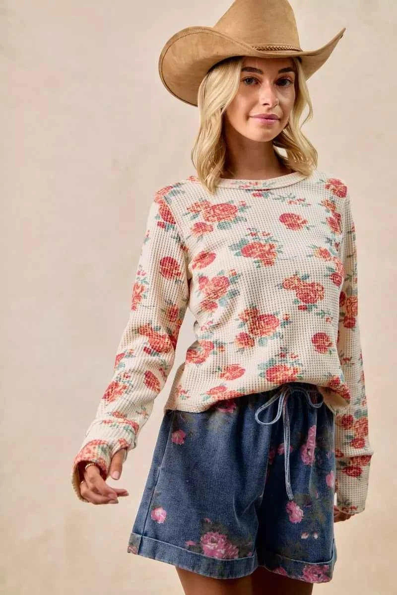 BiBi Floral Print Washed Waffle Thermal Top With Thumb BiBi Floral Print Washed Waffle Thermal Top With Thumb