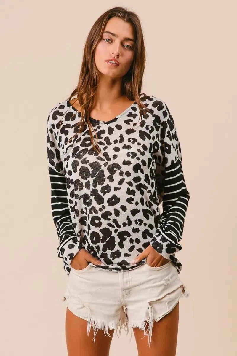 BiBi Leopard Hacci Knit Twist Back Top With Stripe Sleeve BiBi Leopard Hacci Knit Twist Back Top With Stripe Sleeve