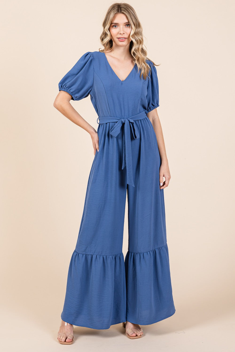 GeeGee Full Size V-Neck Belted Wide Leg Jumpsuit GeeGee Full Size V-Neck Belted Wide Leg Jumpsuit - TopFashionHQ