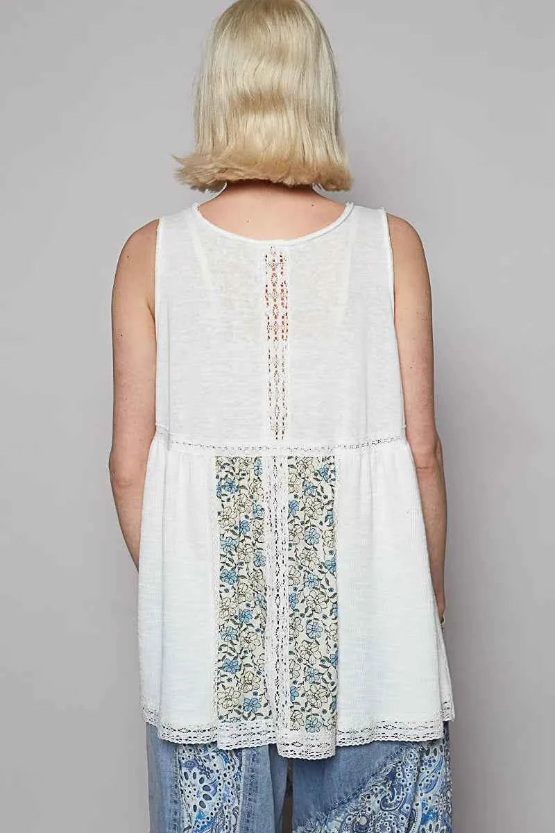 POL V Neck Sleeveless Tank Top with Lace Detail POL V Neck Sleeveless Tank Top with Lace Detail