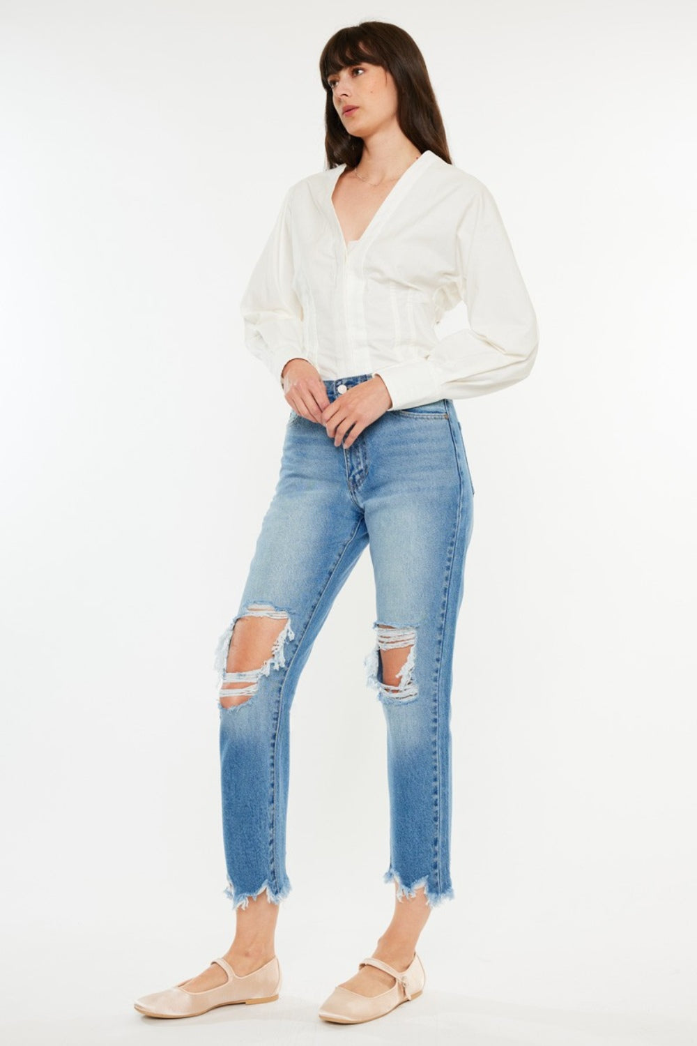 Kancan Distressed Frayed Hem Cropped Jeans Kancan Distressed Frayed Hem Cropped Jeans - TopFashionHQ