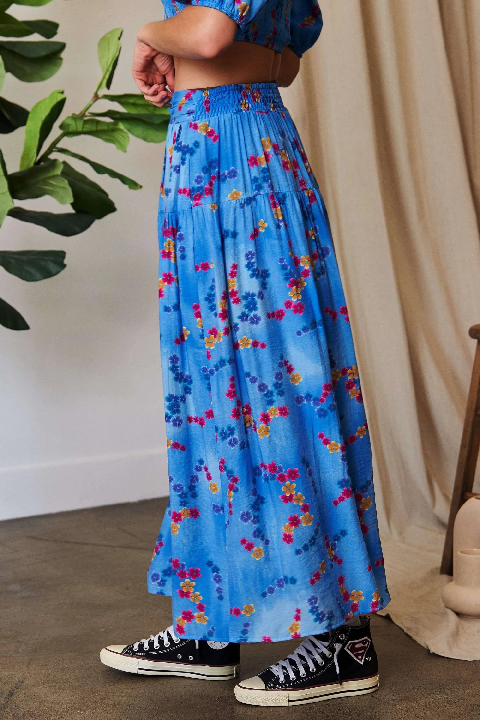 Davi & Dani Printed Smocking Waistband Ruffled Maxi Skirt 1868806238b84254ac030176844c3525-Max-Origin