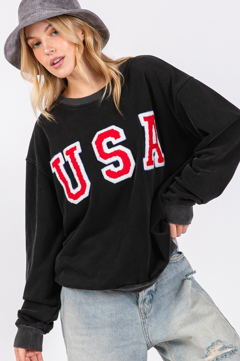 SAGE + FIG USA Letter Patch Round Neck Sweatshirt SAGE + FIG USA Letter Patch Round Neck Sweatshirt
