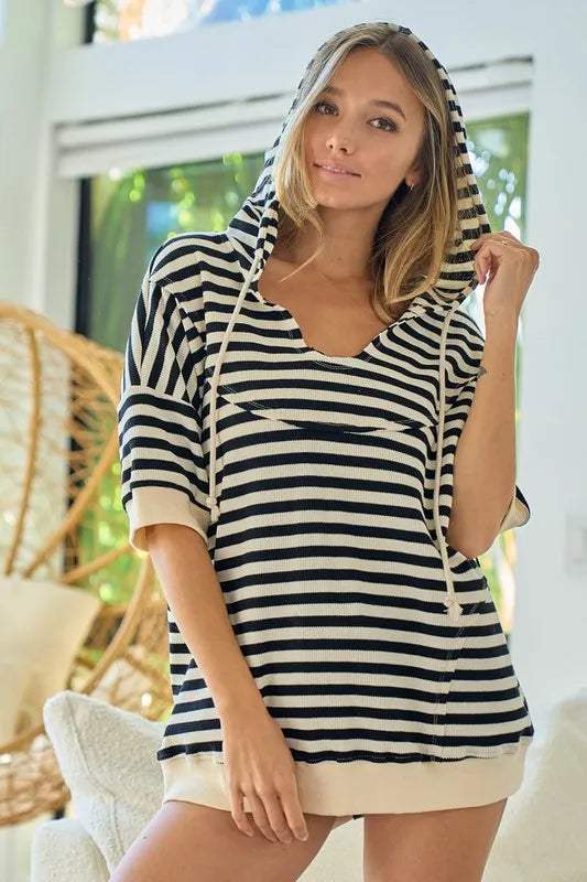 BiBi Stripe Fleece Notch Neck Short Sleeve Hoodie 187bf163-30da-47c2-bd56-0169ba310b6e-Max-Origin