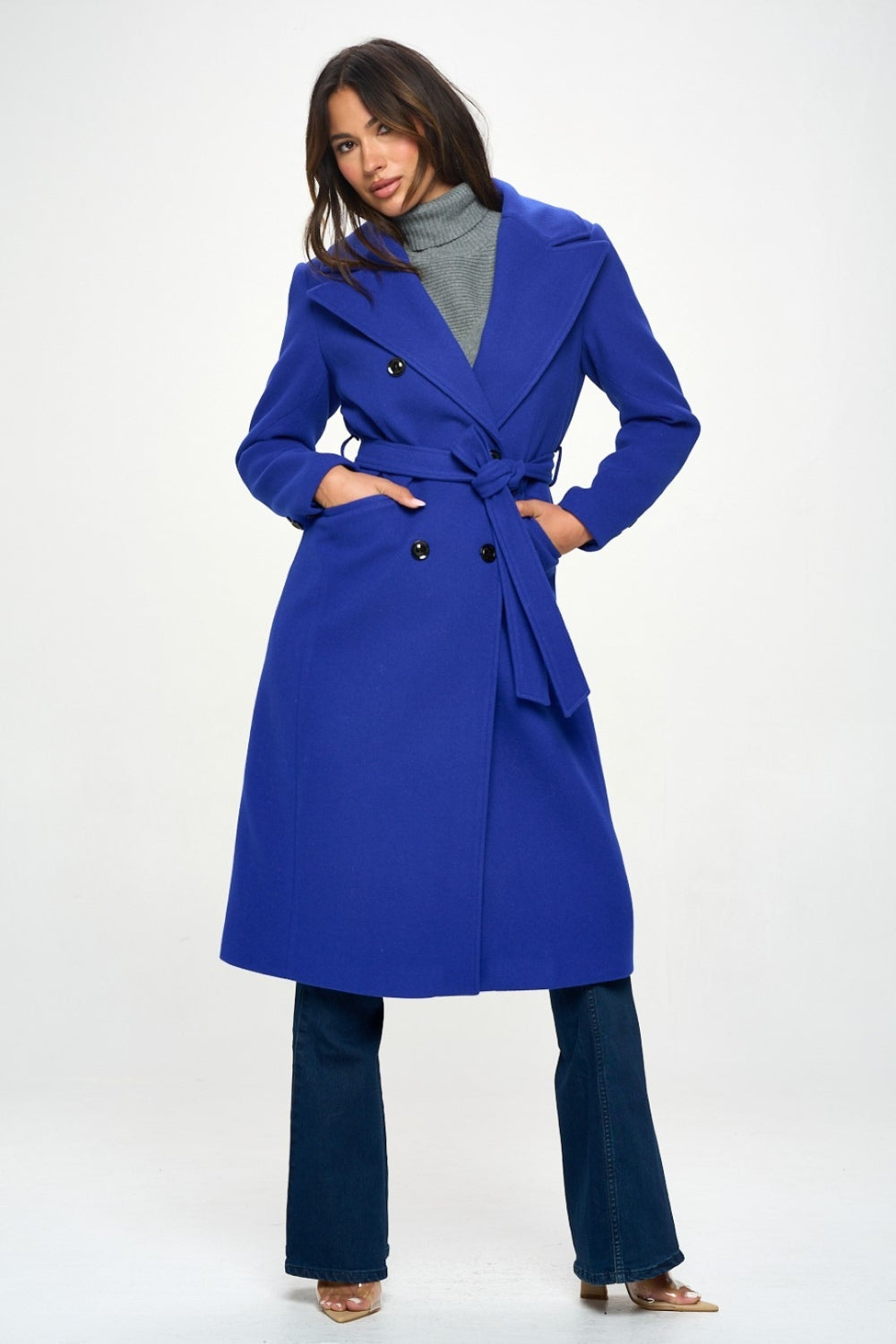 Coalition LA Double-Breasted Longline Coat with Belt Coalition LA Double-Breasted Longline Coat with Belt - TopFashionHQ
