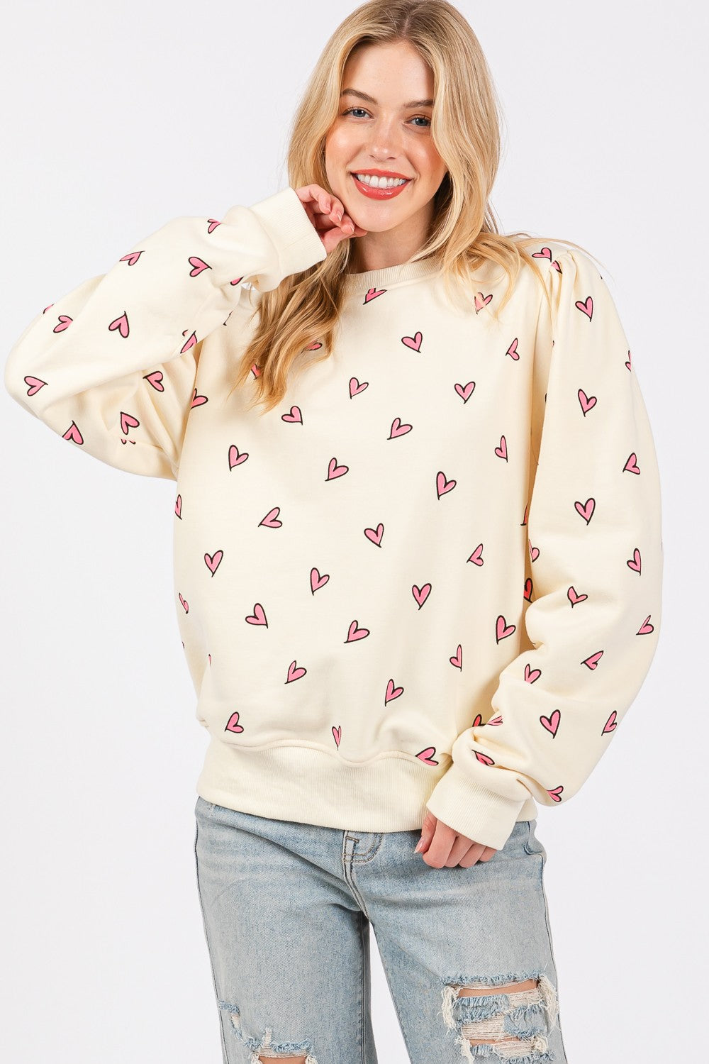 SAGE + FIG Heart Printed Contrast Long Sleeve Sweatshirt SAGE + FIG Heart Printed Contrast Long Sleeve Sweatshirt