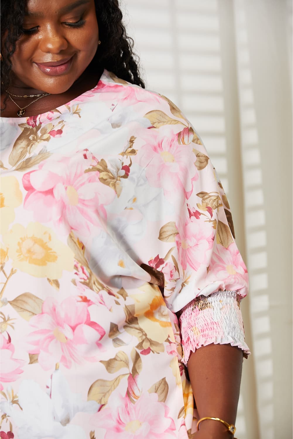 Double Take Floral Round Neck Three-Quarter Sleeve Top Double Take Floral Round Neck Three-Quarter Sleeve Top - TopFashionHQ