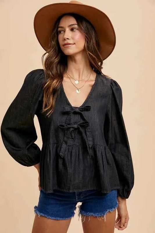 Annie Wear Tie Front Peplum Long Sleeve Denim Top Annie Wear Tie Front Peplum Long Sleeve Denim Top