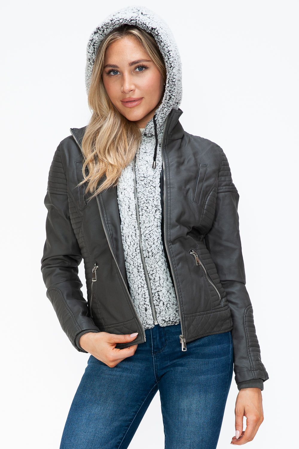 YMI Faux Layered Double-Zipper Jacket with Fuzzy Hood YMI Faux Layered Double-Zipper Jacket with Fuzzy Hood - TopFashionHQ