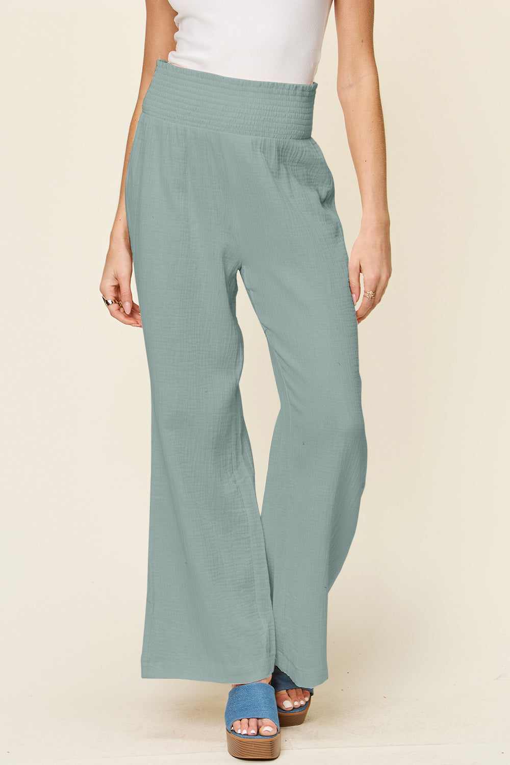 Double Take Full Size Texture Smocked Waist Wide Leg Pants Double Take Full Size Texture Smocked Waist Wide Leg Pants