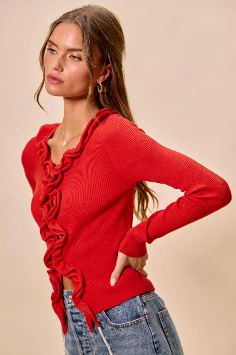 SO ME Cascade Ruffle Ribbed Sweater Cardgian 191383d6103341ae9259dd9943a10528-Max-Origin