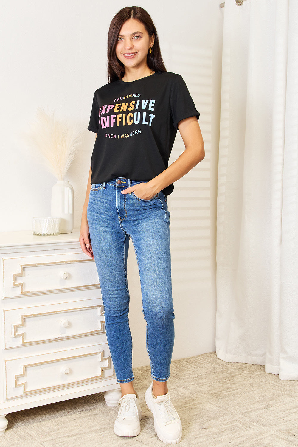 Simply Love Slogan Graphic Cuffed Sleeve T-Shirt Simply Love Slogan Graphic Cuffed Sleeve T-Shirt - TopFashionHQ