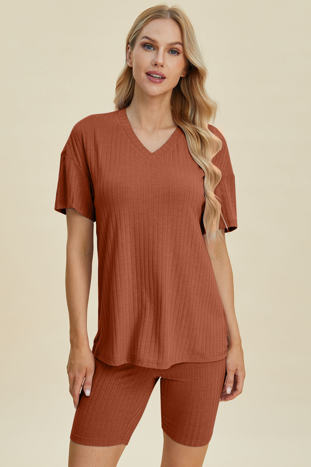 Basic Bae Full Size Ribbed V-Neck Short Sleeve Top and Shorts Set Basic Bae Full Size Ribbed V-Neck Short Sleeve Top and Shorts Set
