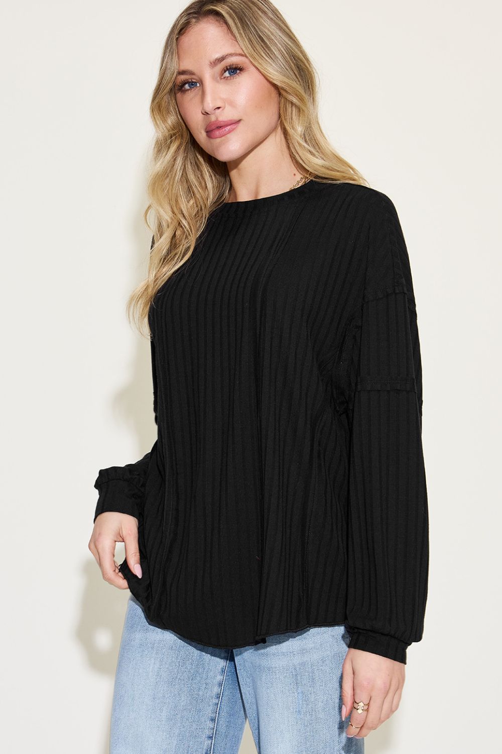 Basic Bae Full Size Ribbed Round Neck Long Sleeve T-Shirt Basic Bae Full Size Ribbed Round Neck Long Sleeve T-Shirt - TopFashionHQ