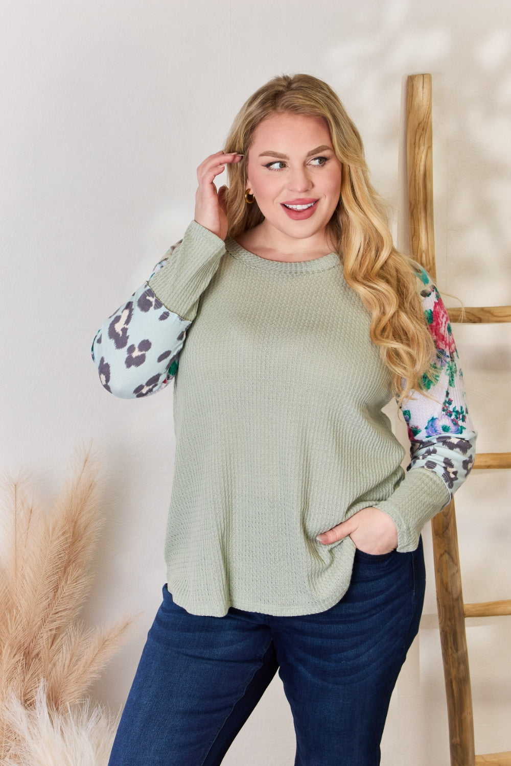 Hailey & Co Full Size Printed Round Neck Blouse Hailey & Co Full Size Printed Round Neck Blouse - TopFashionHQ