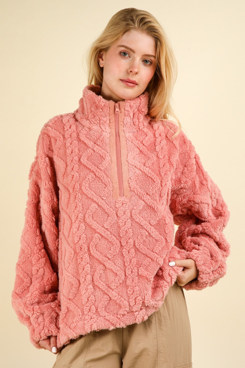 VERY J Fuzzy Fleece Half Zip Cable Pattern Sweatshirt VERY J Fuzzy Fleece Half Zip Cable Pattern Sweatshirt