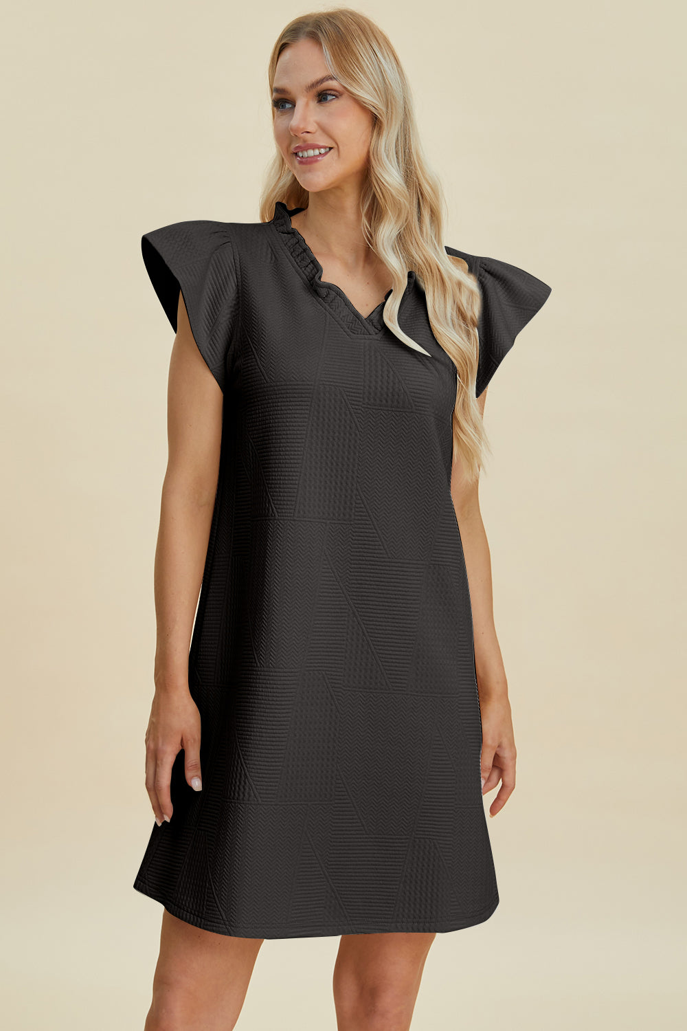 Double Take Full Size Ruffled V-Neck Cap Sleeve Dress Double Take Full Size Ruffled V-Neck Cap Sleeve Dress