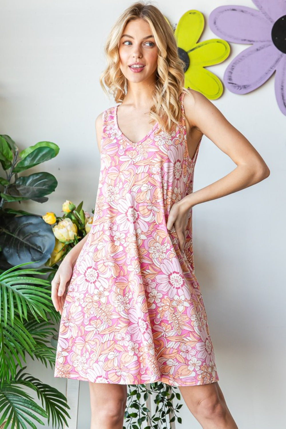 Heimish Full Size Floral V-Neck Tank Dress with Pockets Heimish Full Size Floral V-Neck Tank Dress with Pockets - TopFashionHQ