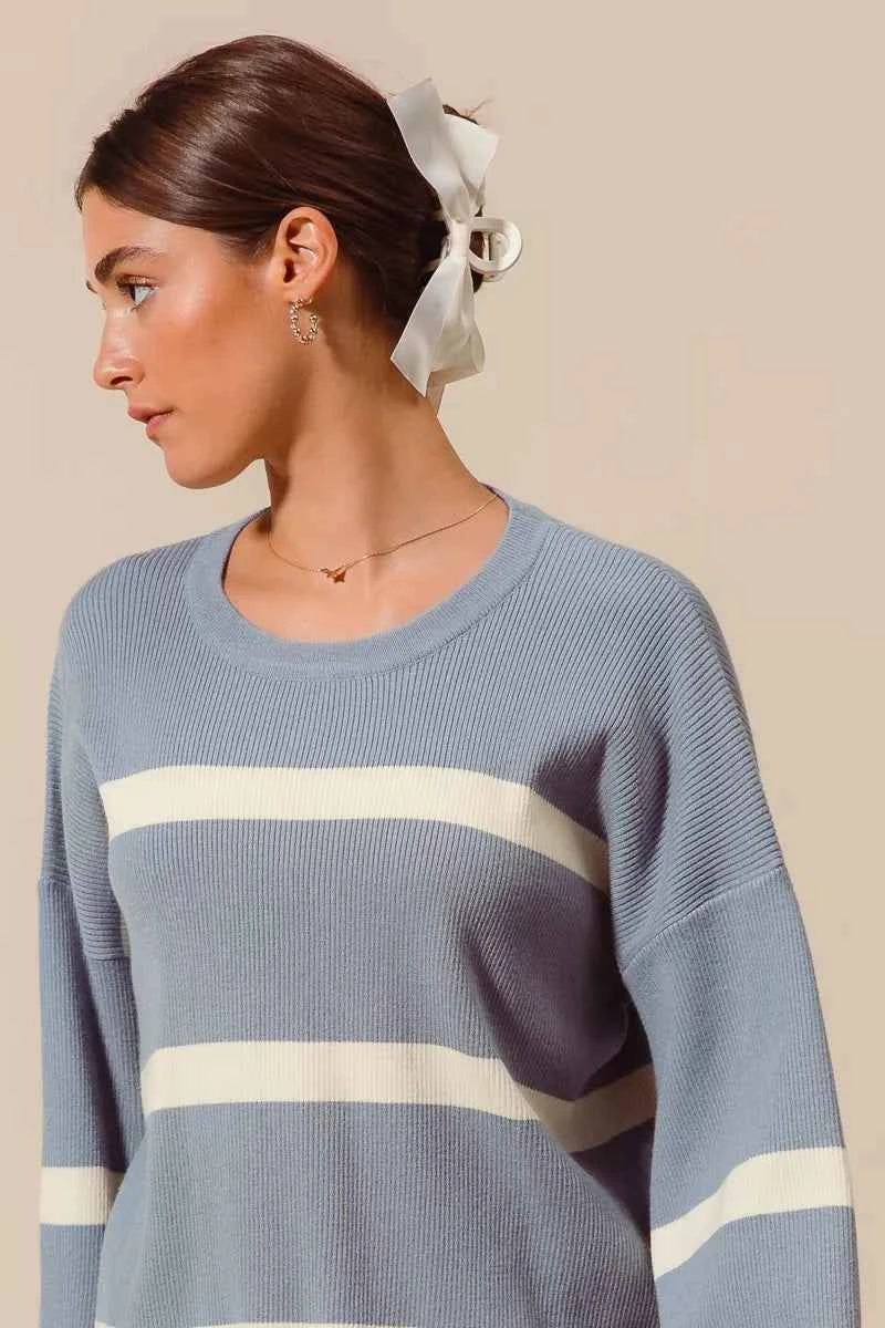 SO ME Ribbed Striped Round Neck Sweater SO ME Ribbed Striped Round Neck Sweater