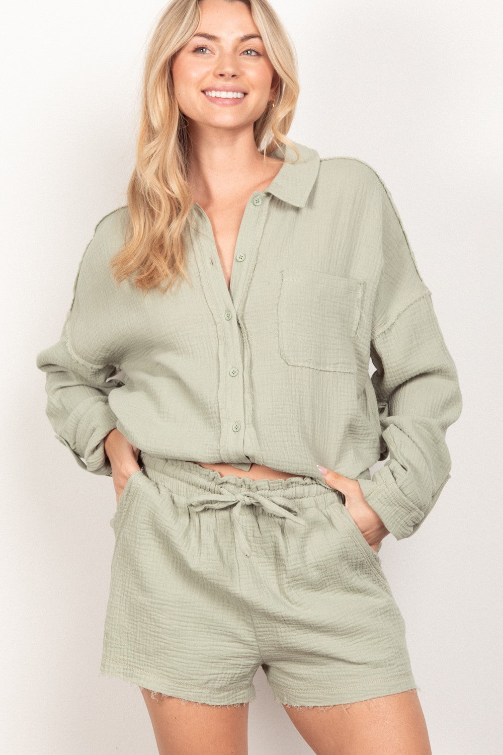 VERY J Texture Button Up Shirt and Shorts Set VERY J Texture Button Up Shirt and Shorts Set - TopFashionHQ