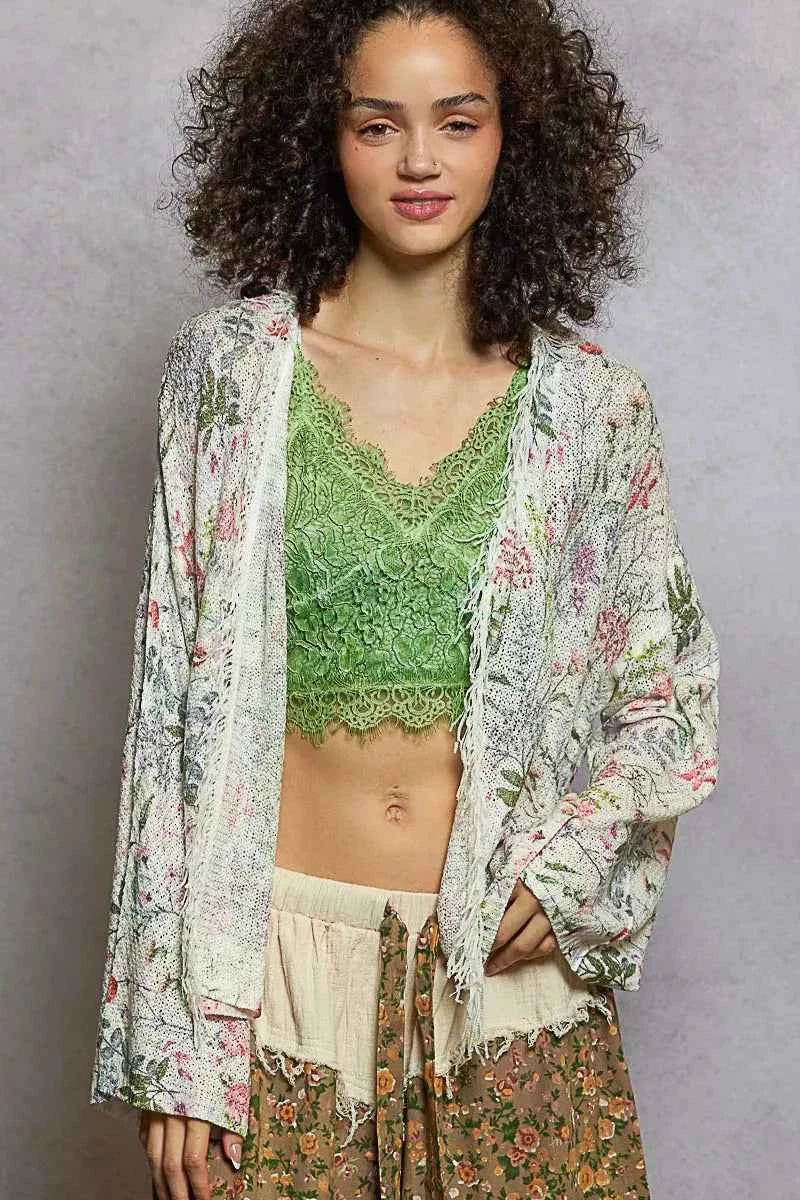 POL Open Front Floral Cardigan with Center Open Fringe POL Open Front Floral Cardigan with Center Open Fringe