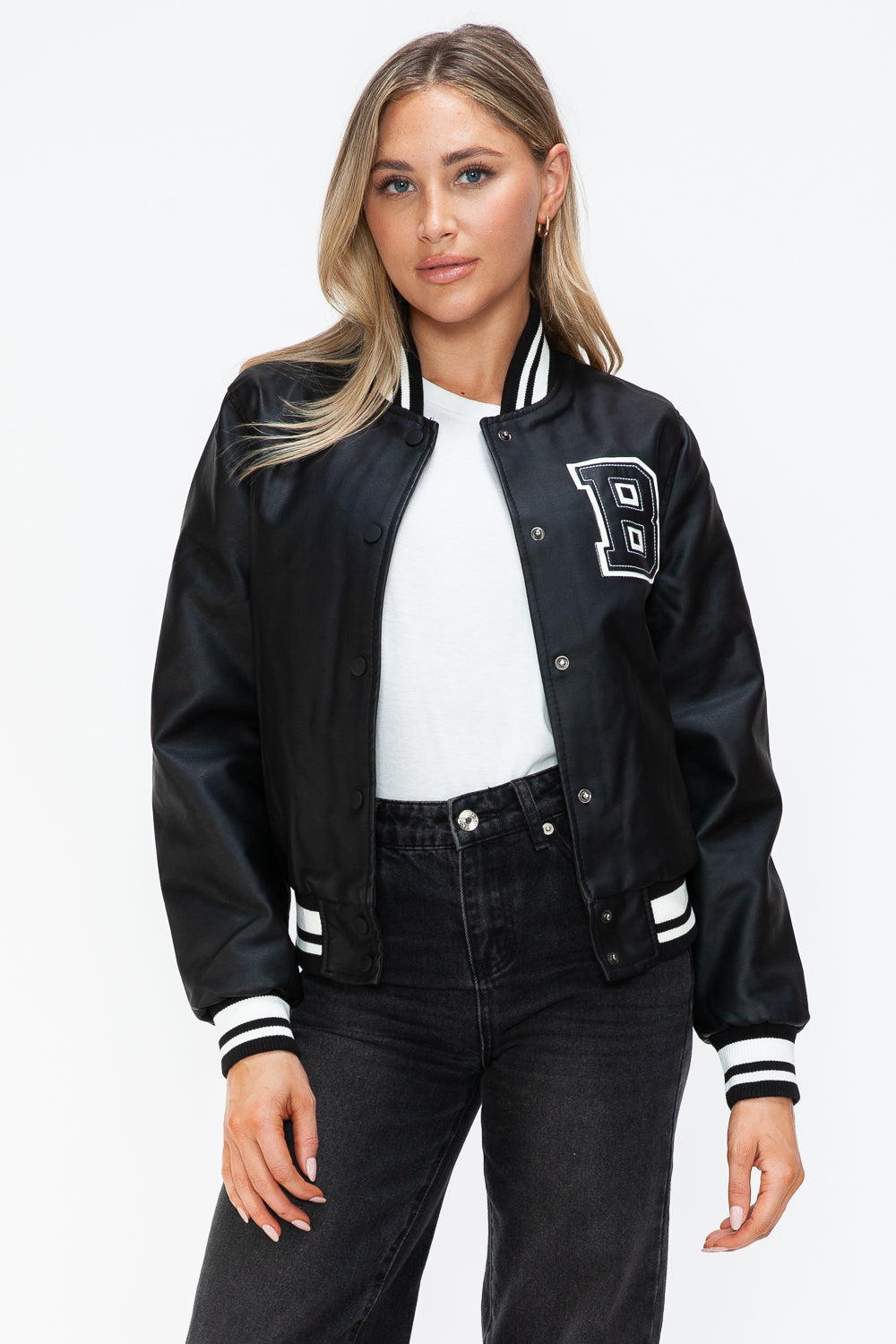 Love Me Now PU Leather Contrast Snap Down Bomber Jacket Love Me Now PU Leather Contrast Snap Down Bomber Jacket - TopFashionHQ