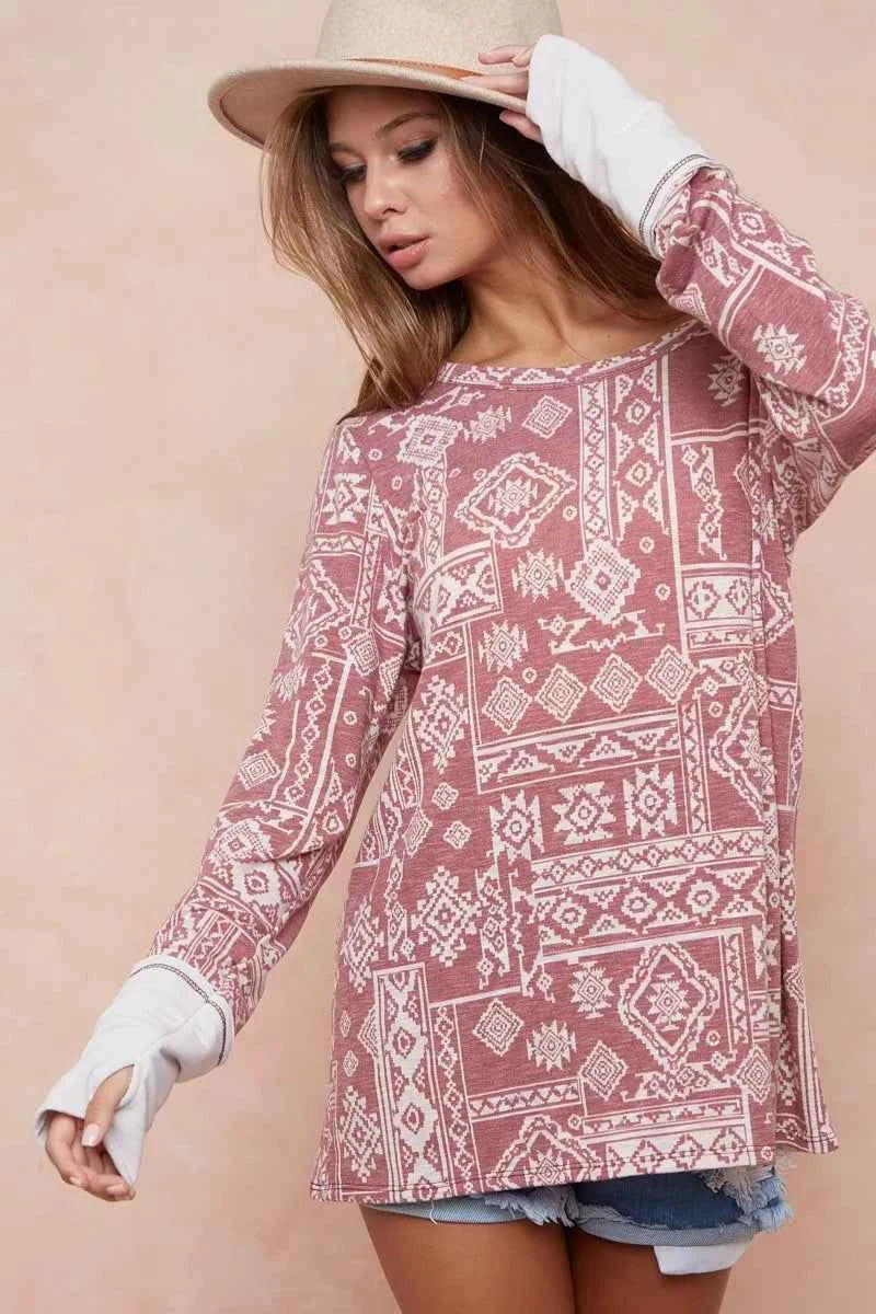 BiBi Aztec Print French Terry Top with Thumb Opening BiBi Aztec Print French Terry Top with Thumb Opening