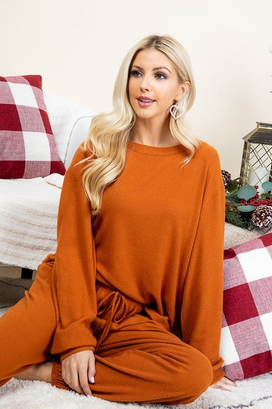 Super Lady Full Size Fuzzy Hacci Brush Round Neck Top and Pants Lounge Set Super Lady Full Size Fuzzy Hacci Brush Round Neck Top and Pants Lounge Set