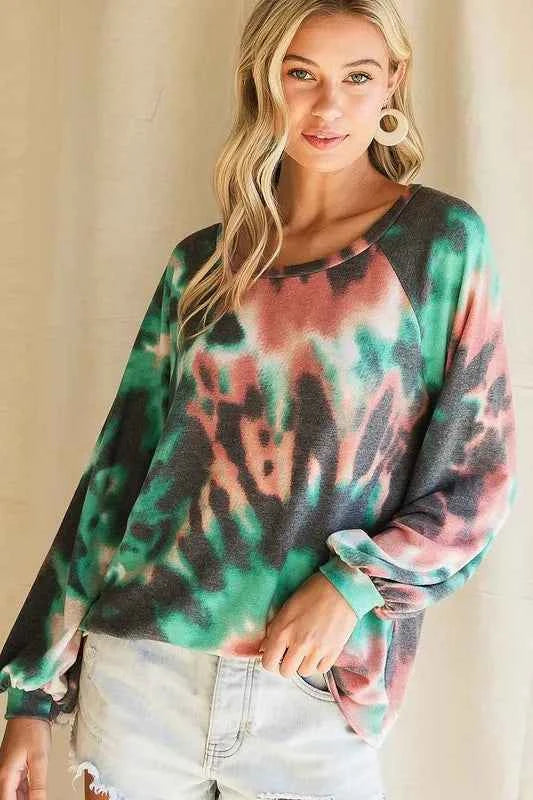 BiBi Tie Dye Print Terry Top with Puff Sleeves BiBi Tie Dye Print Terry Top with Puff Sleeves