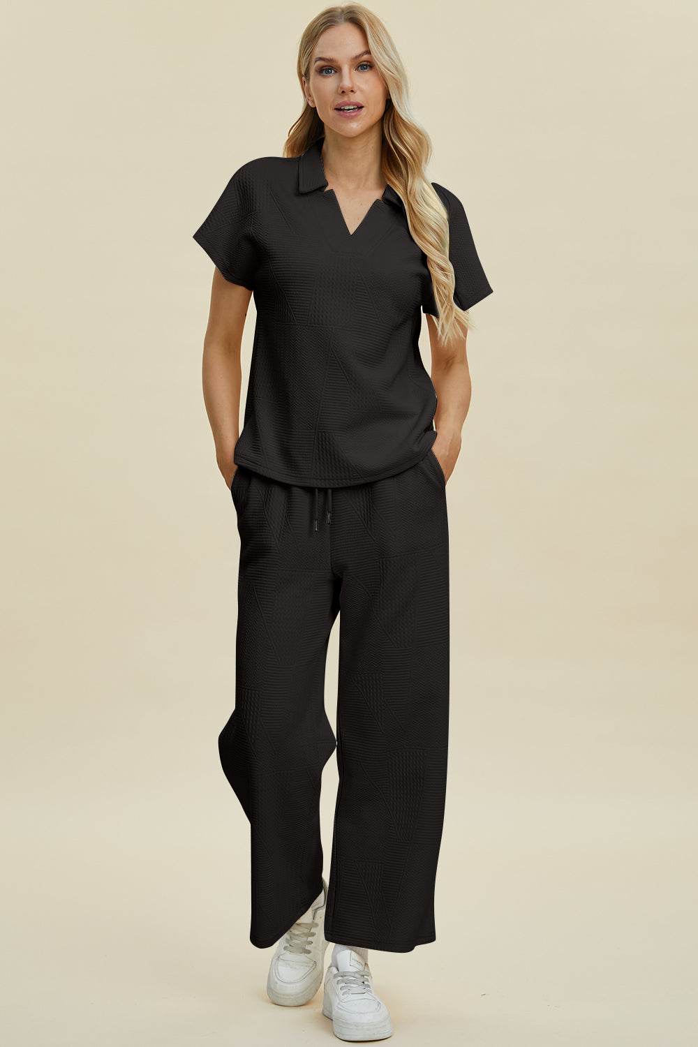 Double Take Full Size Collared Neck Short Sleeve Top and Pants Set Double Take Full Size Collared Neck Short Sleeve Top and Pants Set