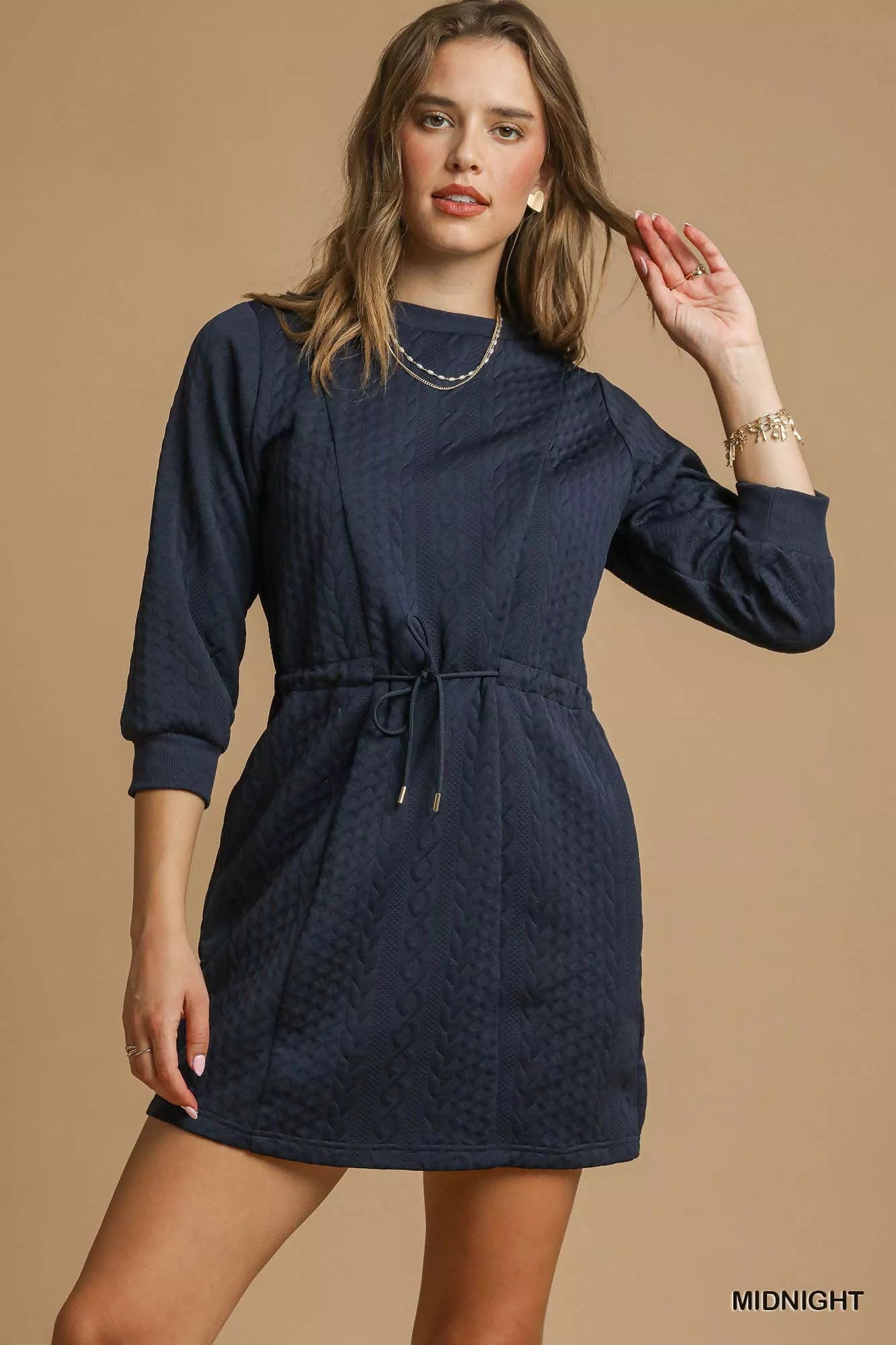 Umgee Drawstring Cable Knit Mini Dress with Pockets 1a61e10a-6041-44e3-a40f-4a571e967a2a-Max-Origin