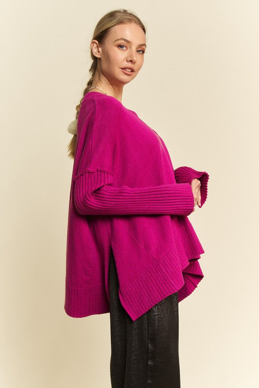 Davi & Dani Ribbed Side Slit V-Neck Sweater Davi & Dani Ribbed Side Slit V-Neck Sweater